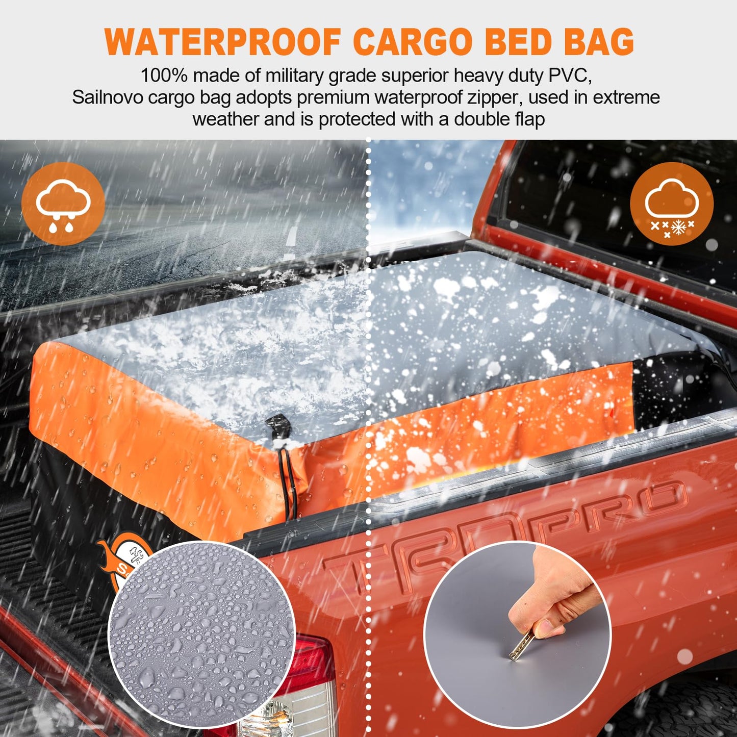 Sailnovo Truck Bed Bag, 35 Cubic ft 100% Waterproof Fits Any Truck Size, Heavy Duty Truck Cargo Bag PVC Water Resistant with 4 Stretch Cord, Packing Bag (59''x47''x22'')