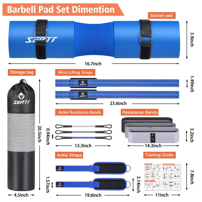 SERTT 12Pcs Foam Barbell Pad Set for Squats, Hip Thrust Pad Gym Essentials Set for Workout, 1 Gym Pad, 1 Carry Bag, 2 Lifting Strap, 2 Ankle Cuffs, 3 Ankle Risistance Band, 3 Hip Resistance Bands