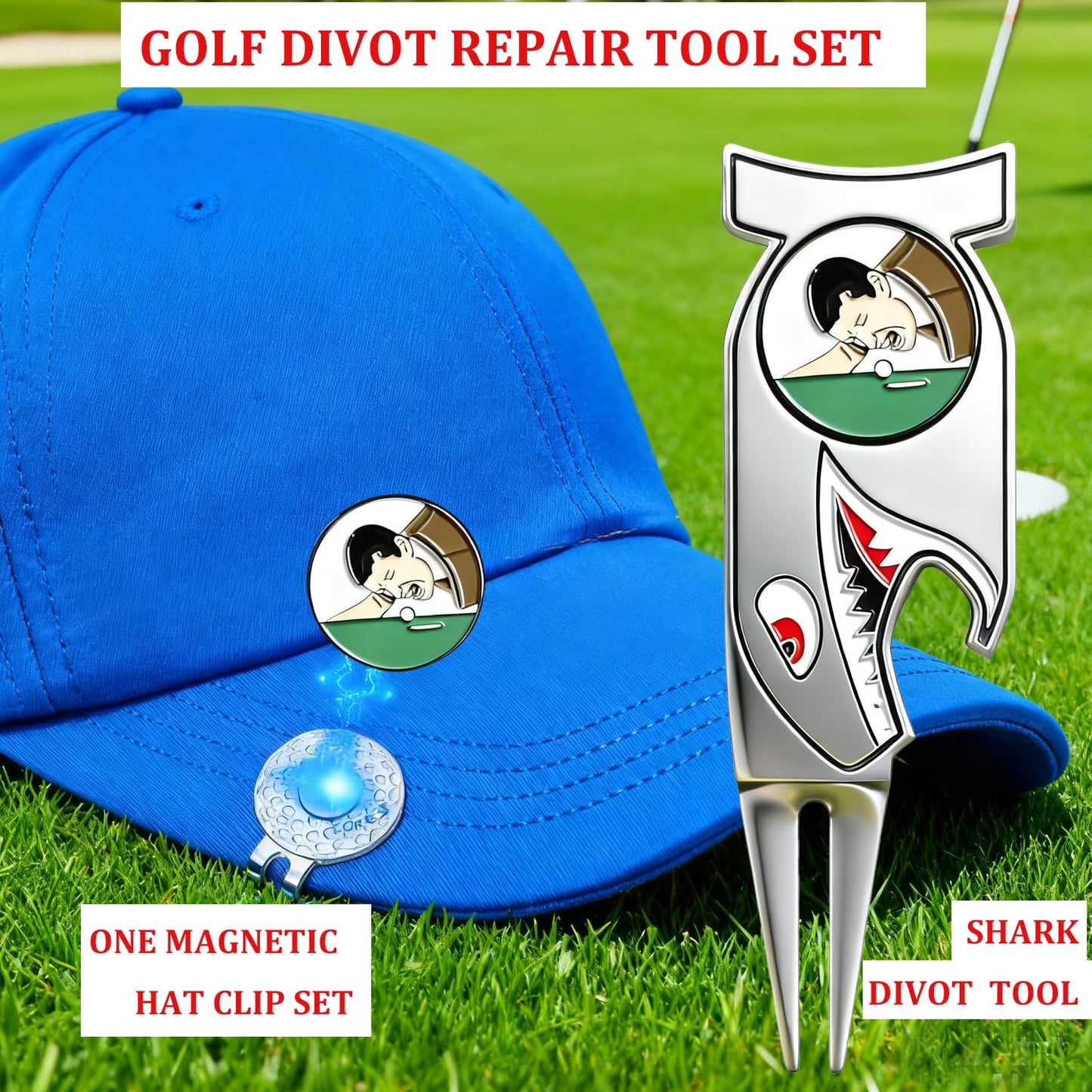 WIGERLON Divot Repair Tool with Ball Marker（1pcs Divot Tool,1 pcs Golf Hat Clip,1pcs Magnetic Ball Marker