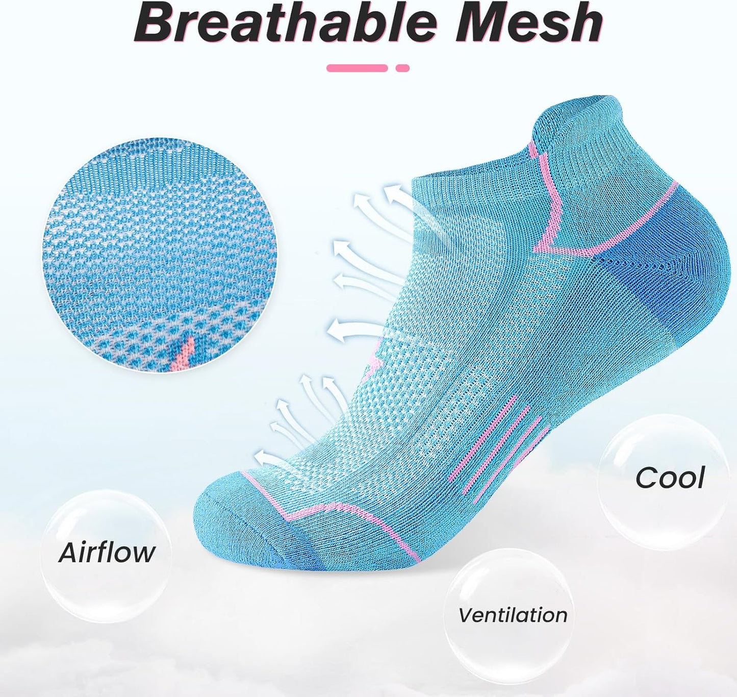 Niorasen Ankle Socks for Women - 6 Pairs of Cotton Cushioned Low Cut Athletic Running Socks