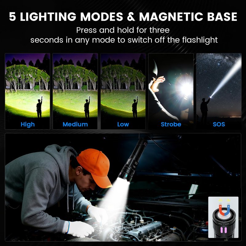 VASTFIRE Rechargeable Flashlights High Lumens, 30W Super Bright LED Flashlight with LCD Display, 3937ft Beam & 12H Long Lasting, High Powered Handheld Flash Light with Magnet for Home, Camping