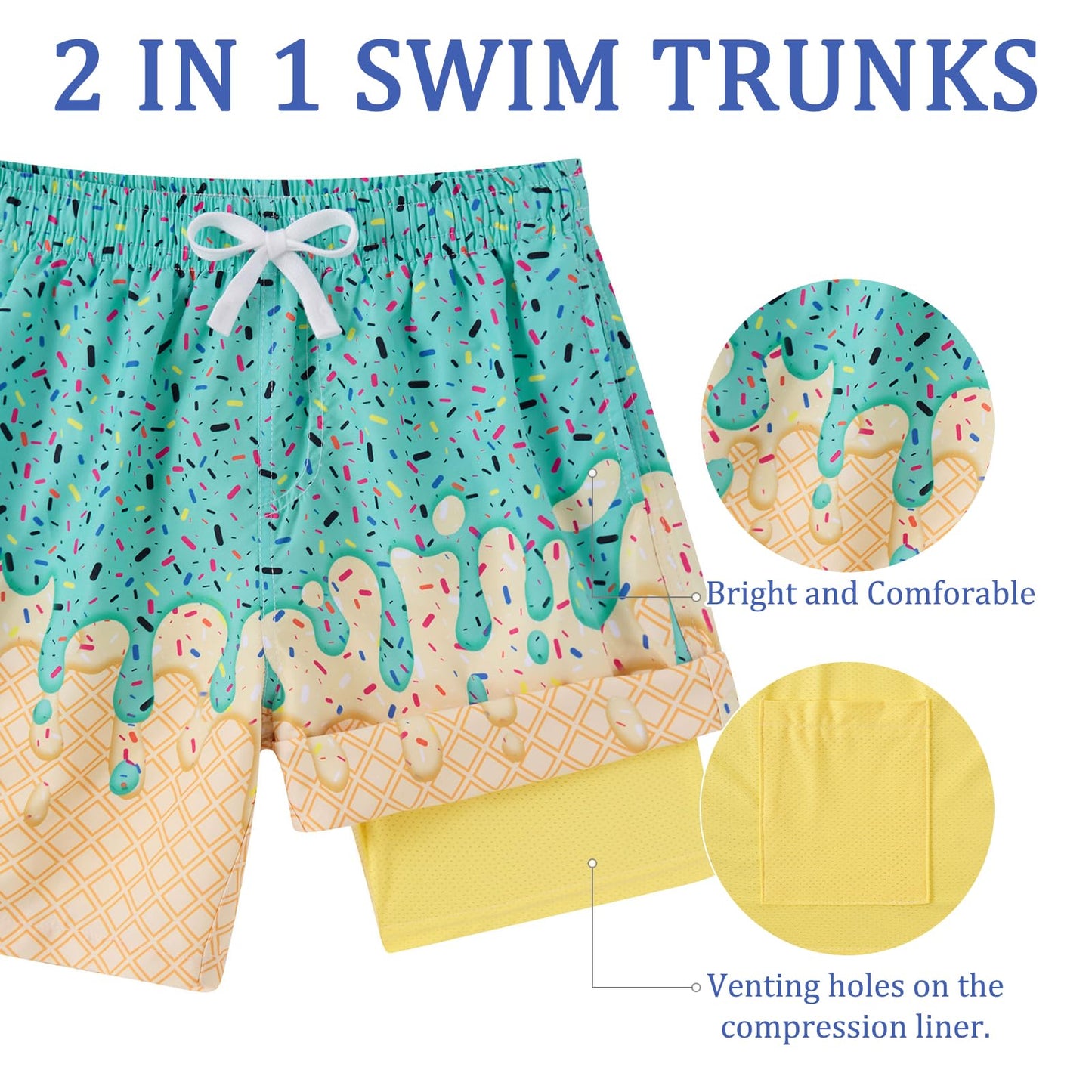 Swim Trunks Boys with Compression Liner Swim Shorts Ice Cream Size 6-7 Years Boy Sports Shorts Green Bathing Suits Swimwear