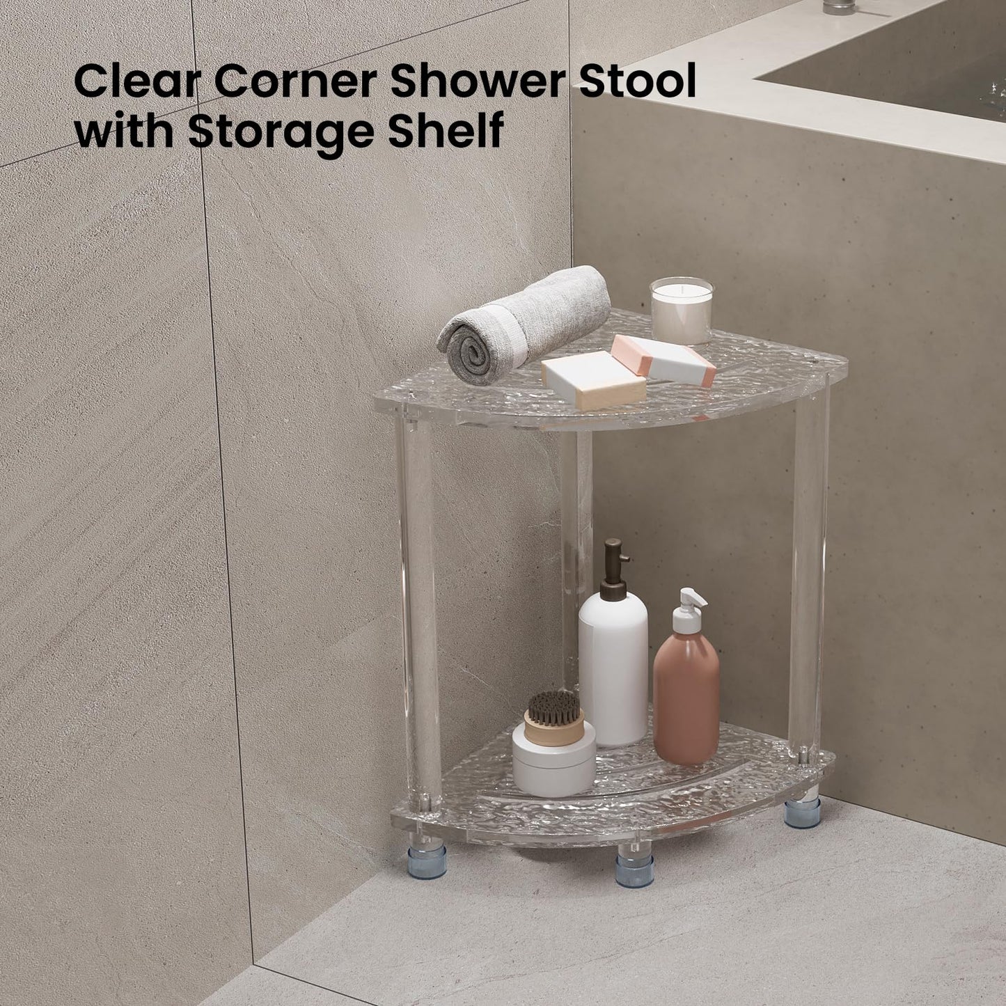 Sumerflos Acrylic Corner Shower Stool for Inside Shower, Clear Small Shower Bench for Shaving Legs Seating Waterproof Heavy Duty Assemble Modern (Textured, 11.81" D x 11.81" W x 18.11" H)