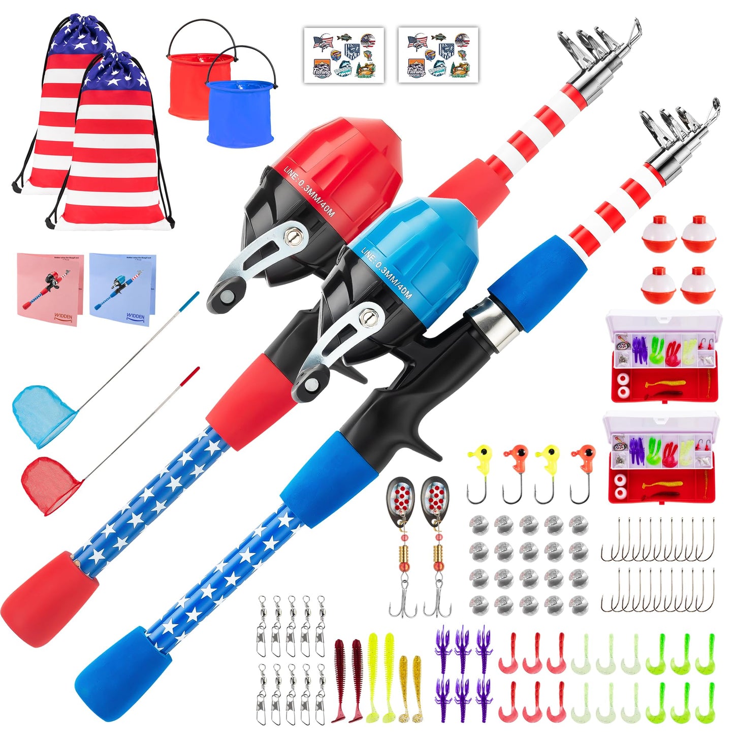 WIDDEN Kids Fishing Pole - Portable Telescopic Fishing Rod Set with Spincast Reel, Net, Bucket and Tackle Box - Patriotic American Flag Fishing Gear for Boys Girls Youth - 4th of July Gift