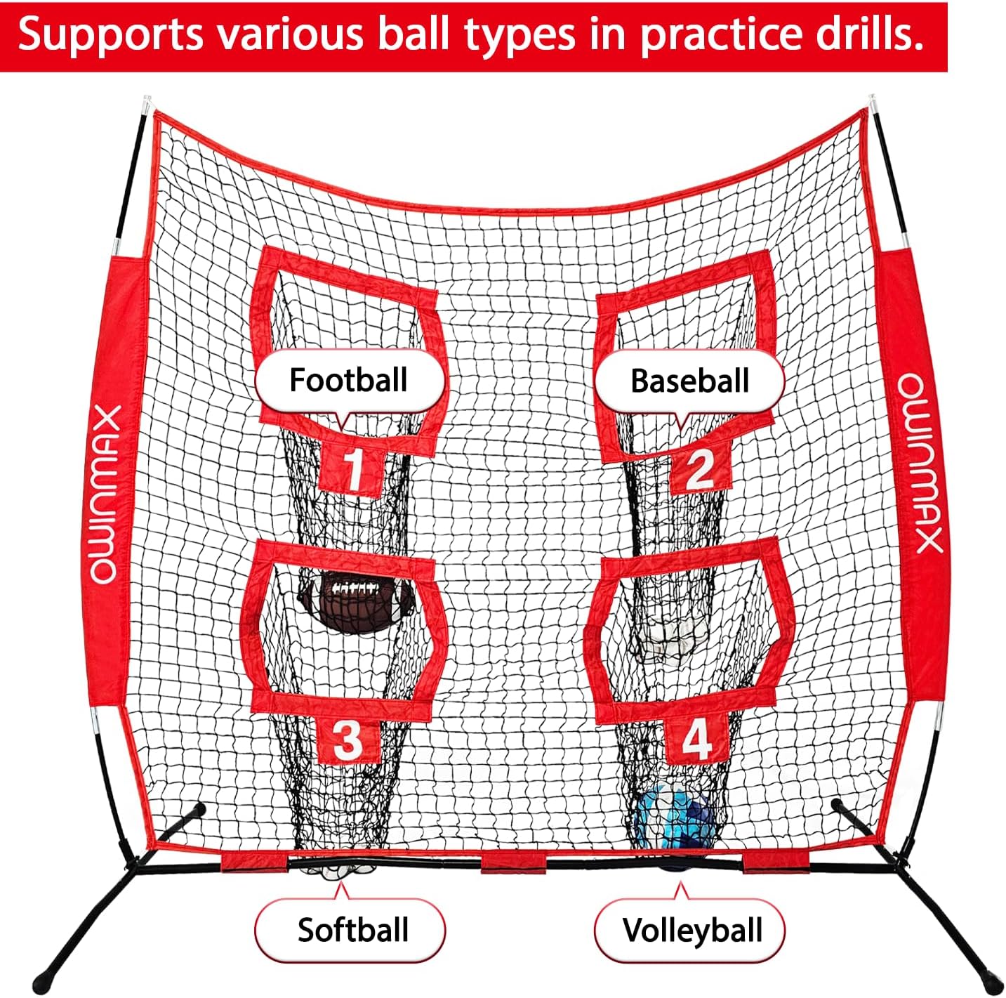 Skiennix Football Trainer Net - 6x6 Ft Target Practice with 4 Targets & Carry Bag - Black/Red for Kids