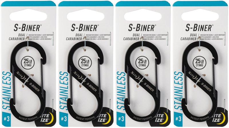 Nite Ize S-Biner Dual Carabiner Stainless Steel, Black, #3-Size, SB3-03-01 (4-Pack)