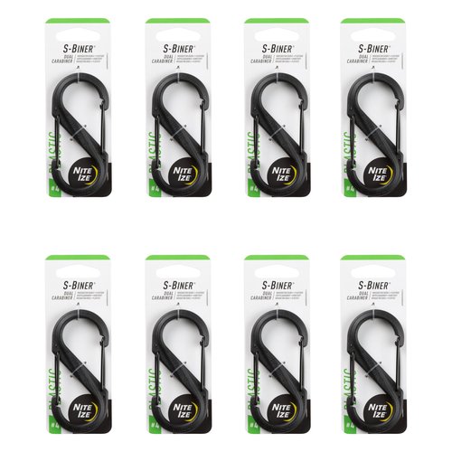 Nite Ize-Biner Dual Carabiner Plastic - Durable Dual Carabiner with Wire Gate Closure for Organizing Keys & Keychain Attachments - Size 4, Black (8 Pack)