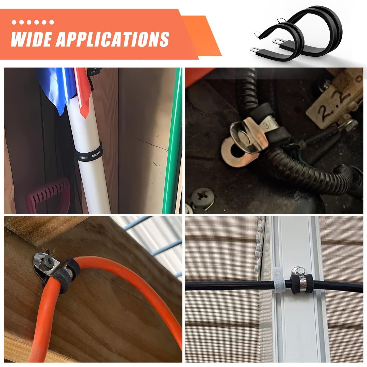 WYSIWYKA 220PCS Cable Clamps Assortment Kit 10 Sizes,304 Stainless Steel Rubber Cushion Pipe Clamps 1/4" 5/16" 3/8" 1/2" 5/8" 3/4" 1" 1-1/4" 1-1/2" 1-3/4" Metal Wire Clamps(With two kinds of screws)