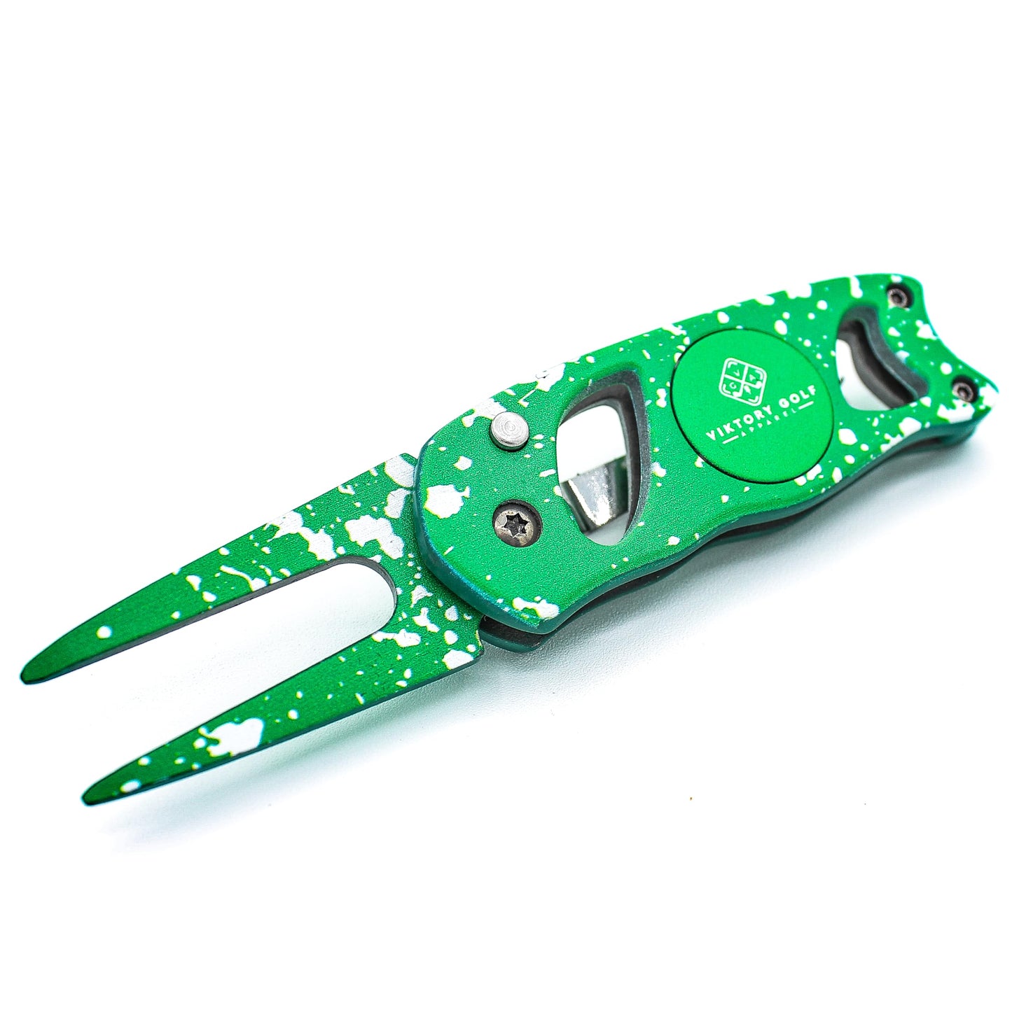 Switch Blade Style Precision Divot Tool – Chaos Edition - Compact & Lightweight - Foldable - Pop-Out Spring Action - Color Matched Magnetic Ball Marker (Shamrock Green & Frost White)