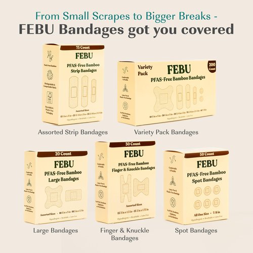 FEBU Eco-Friendly Bamboo Fabric Bandages | PFAS Free Bandages for Scrapes & Cuts | Flexible Fabric Bandage | Fully Compostable, Latex Free Bandage | 200 Count Bulk Variety
