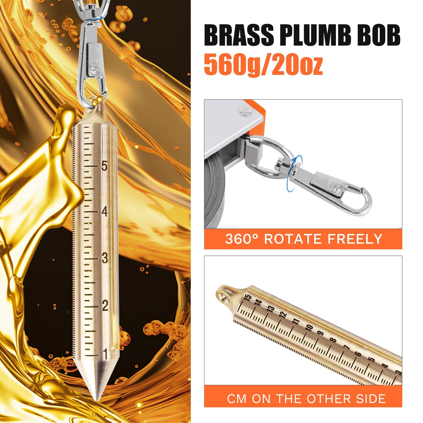 Cekegon Oil Gauging Tape with 560g/20oz Plumb bob, Explosion-Proof Oil Tank Gauging Tapes with Ground Strap, Double Duty Stainless Steel Sounding Tape with Brass Plumb Bob-15M