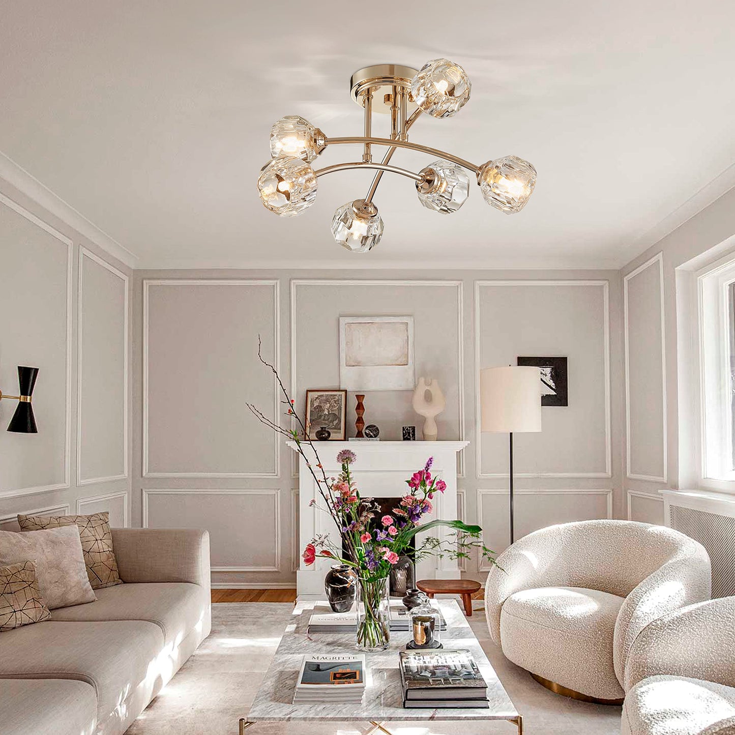 AGV LIGHTING Modern Spuntnik Crystal Ceiling Light Fixture, Semi Flush Mount Ceiling Light, G9 Base 6-Lights, D16 x H10, Clear Crystal & Shining Gold Finish Metal Frame