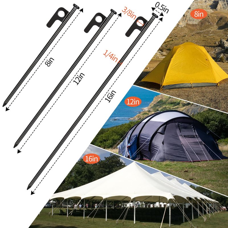 8 Pack Tent Stakes, 12in Heavy Duty Stakes with Storage Bag, Forged Steel Tent Pegs for Camping