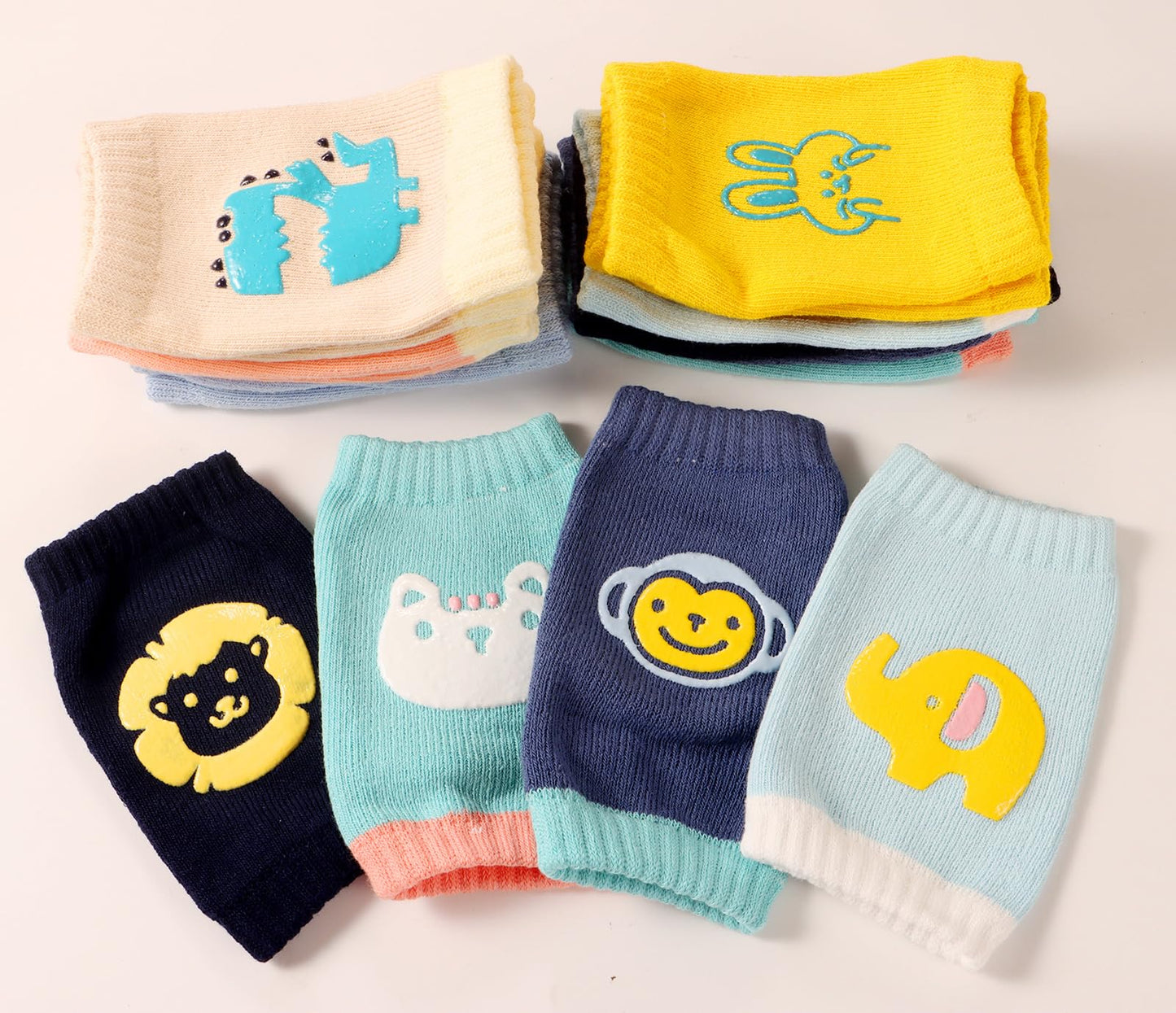 TAMHOO Baby Knee Pads for Crawling 6-24 Months, 8 Pairs with Animal Designs (Monkey/Dinosaur/Pig/Elephant/Cat/Rabbit/), Anti-Slip Silicone Protection,Breathable Toddler Knee Protectors