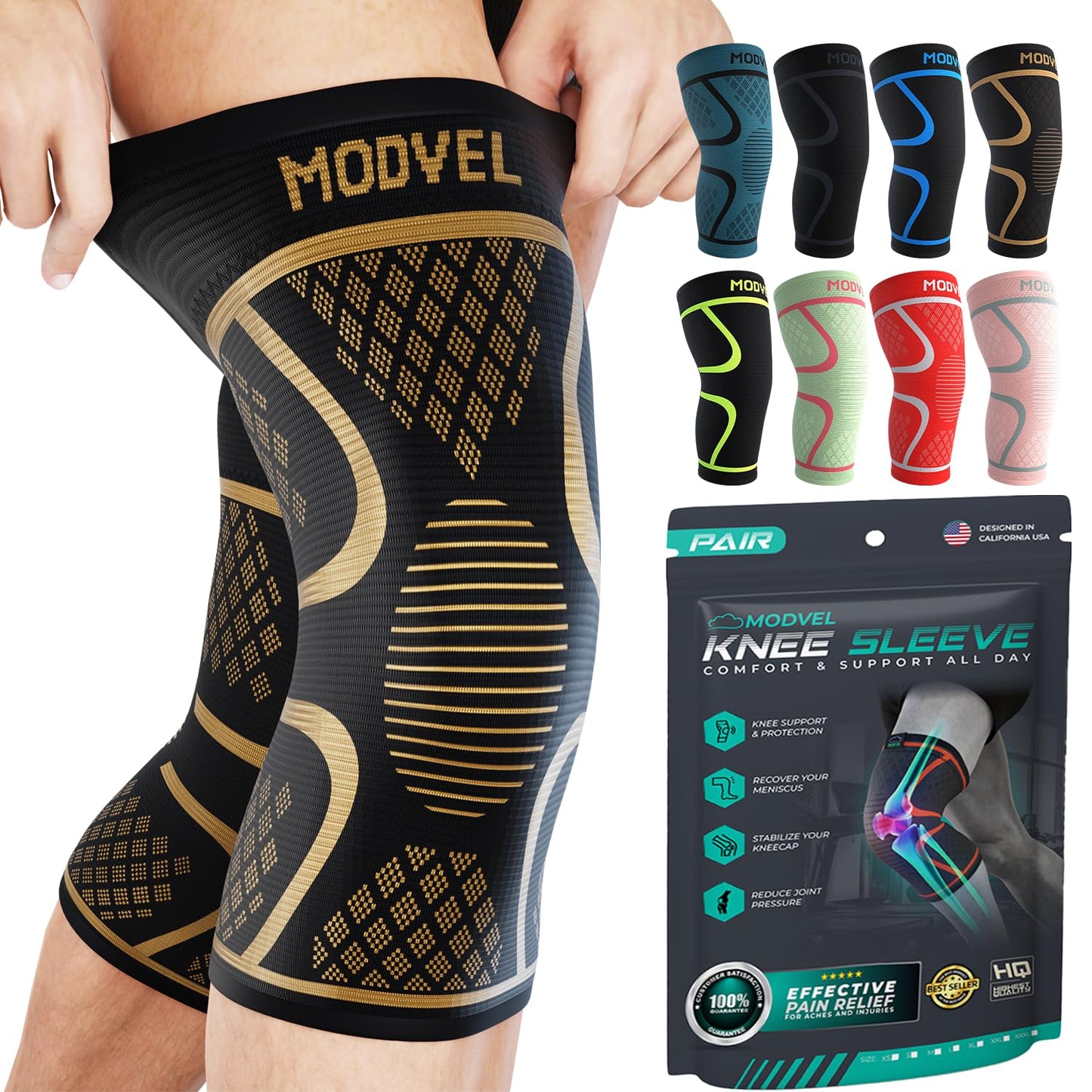 Modvel Knee Braces for Women & Men – 2 Pack Knee Support Set, Knee Compression Sleeve, Support for Meniscus Tear, ACL & Arthritis Relief,Copper M