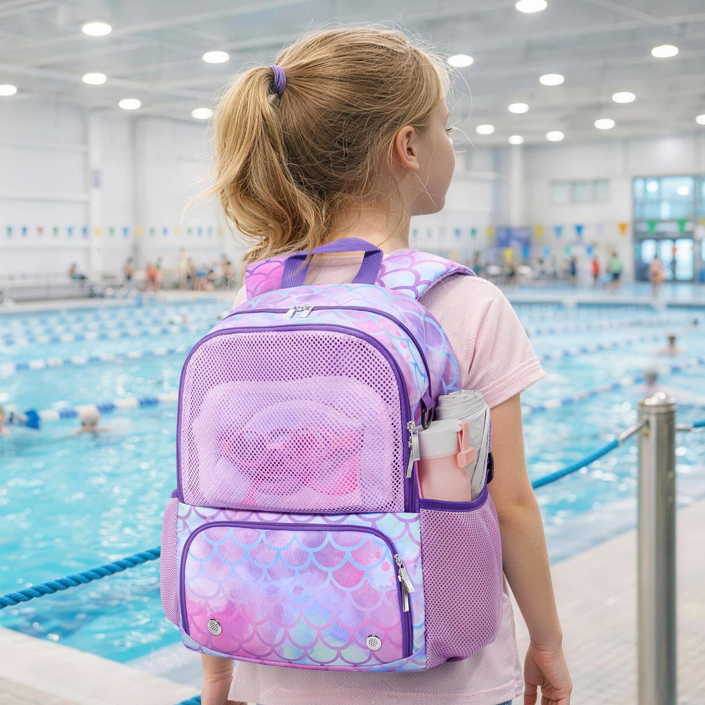 WAWSAM Mermaid Kids Swim Bag for Swimmers - Girls Beach Bag for Swimming with Wet Dry Compartments, Gym Sports Backpack with Shoes Compartment, Pool Bags Gym and Workout Gear