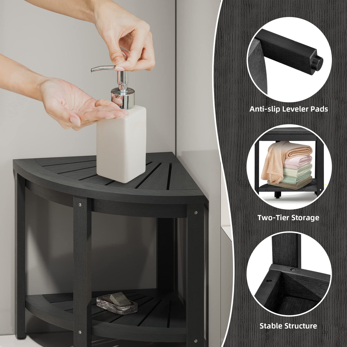 DWVO Poly Lumber Shower Bench 17" Shower Stool Corner Bench with Storage Shelf, Wood Texture Corner Seat for Bathroom, Spa, Corner Shower Stool for Bathroom Living Room (Black)