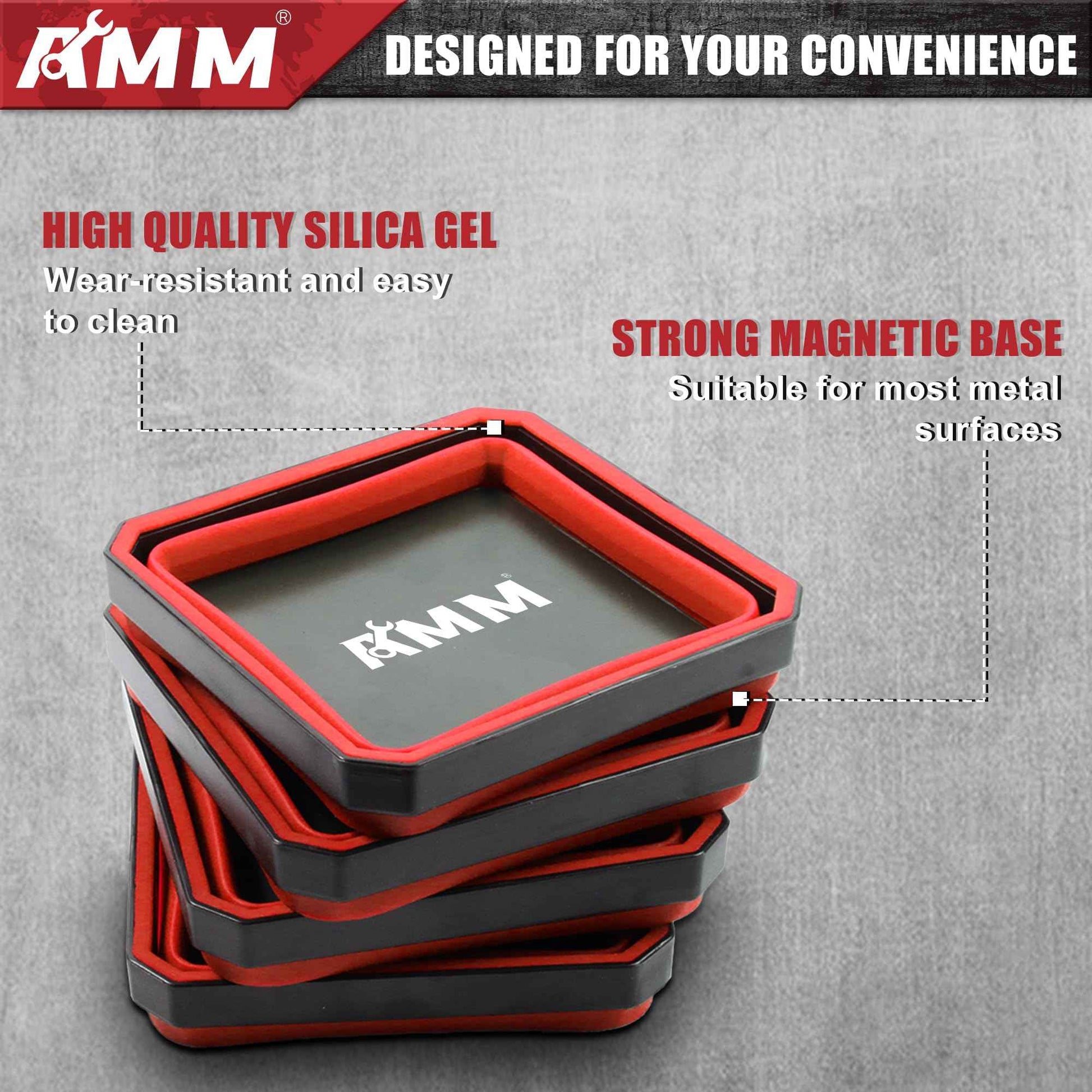 AMM Magnetic Tray, 4 PC Foldable Magnetic Tool Tray Set for Bolts Screws Nuts & Small Metal Parts, Mechanic Tool Present for Men, 4.5 Inch Square (4PC, Red)
