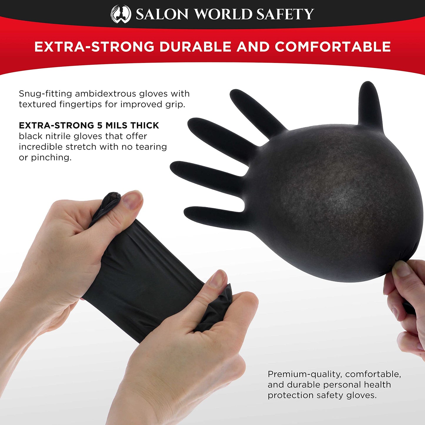 Salon World Safety Black Nitrile Disposable Gloves, 10 Boxes of 100, Size Large, 5.0 Mil - Latex Free, Textured, Food Safe