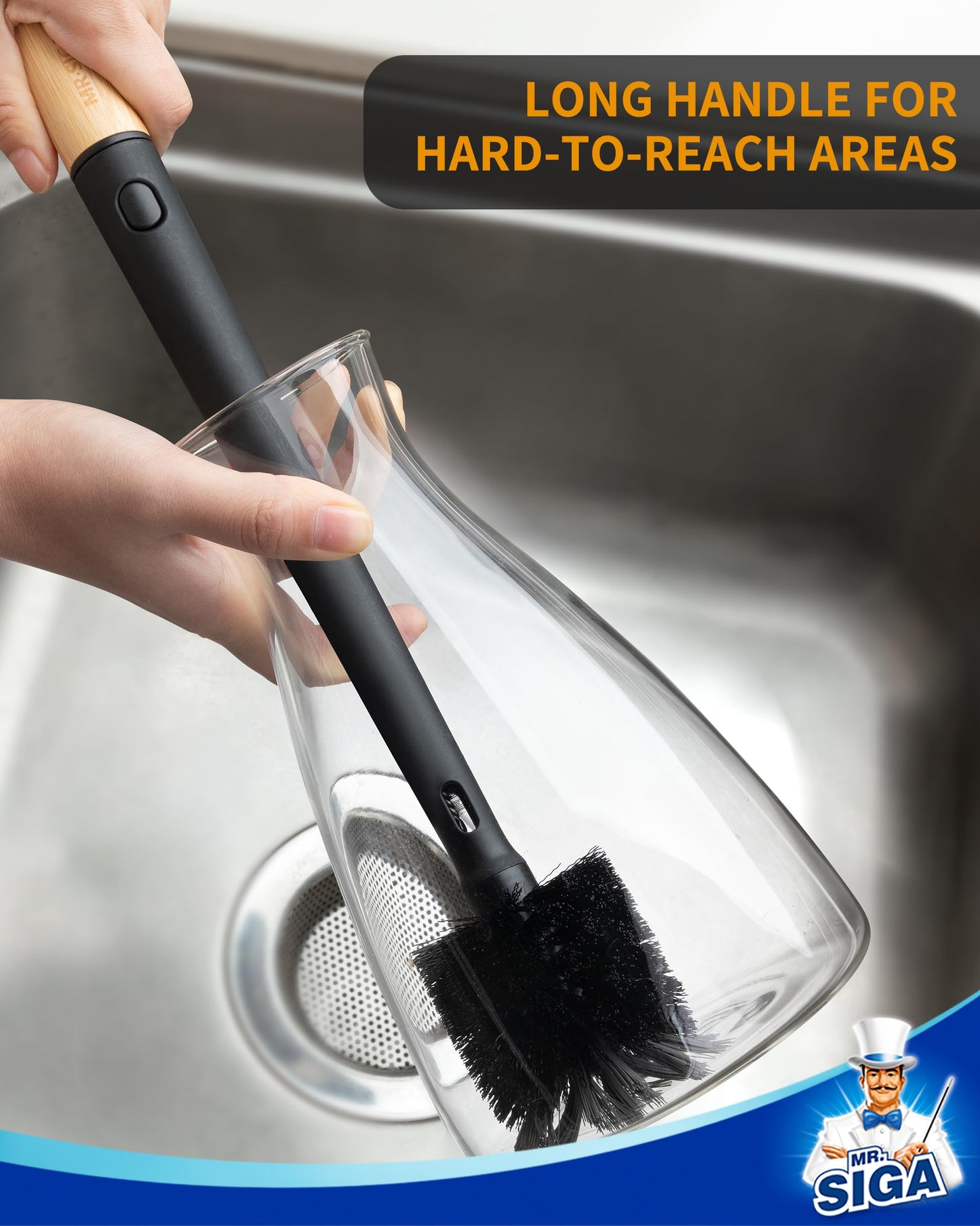 MR.SIGA Water Bottle Brush and Straw Cleaner Brush, Long Handle Bottle Cleaner Brush, 2 in 1 Bottle Cleaning Brush for Sports Bottles, Baby Bottles, Mugs, Straws, Black