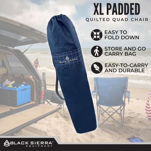 Black Sierra Oversized Camping Folding Chair, Heavy Duty Outdoor Seat Supports 300 lbs with Steel Frame, Collapsible Quilted Padded Plaid Camp Bag Chair for Tailgating, Sports Games Patio