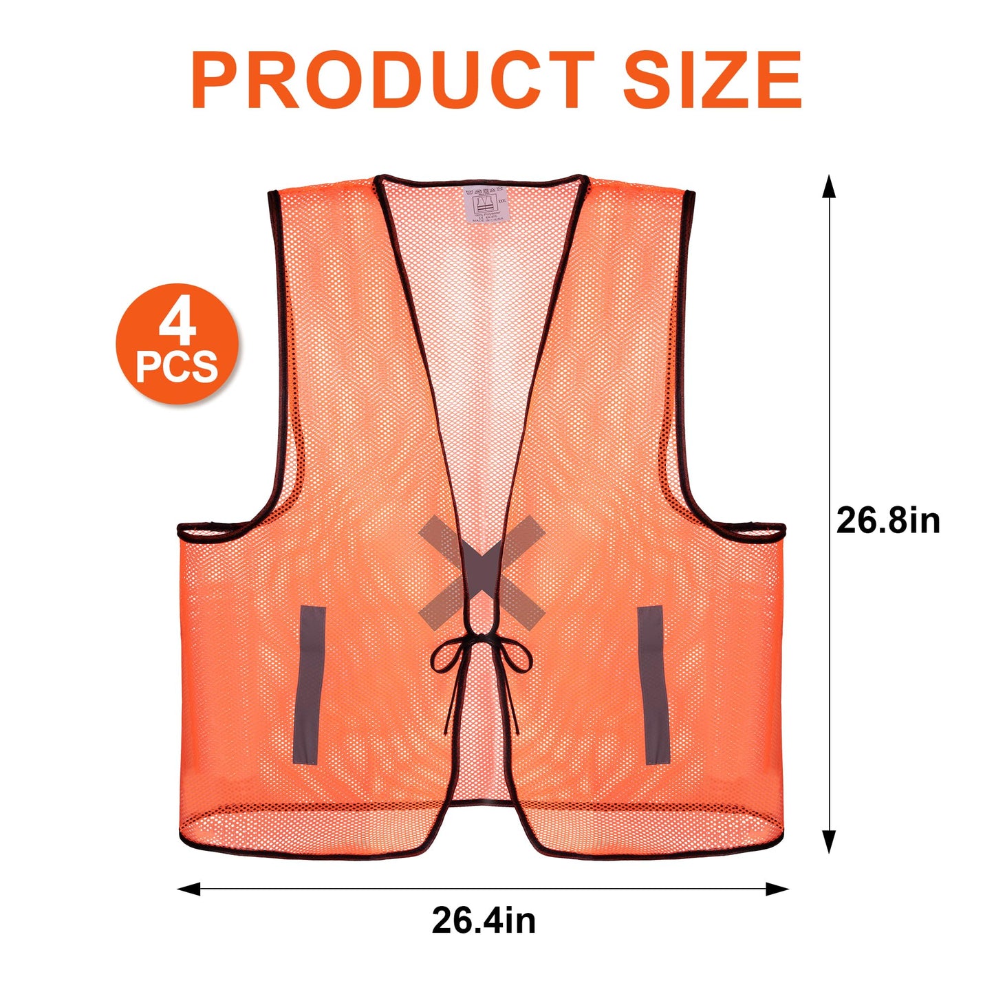 RunNico 4Pcs Hunting Mesh Safe Vests, Hunter Special High Visibility Vest with Reflective Stripes, Breathable Blaze Orange Safety Cloth for Unisex Adult Outdoor Hunting Hiking Mountain and Night Work