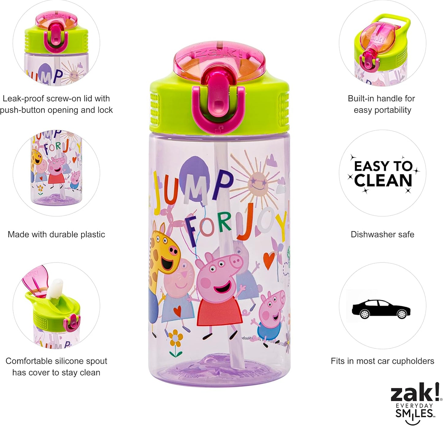 Zak Designs Peppa Pig Kids Water Bottle - 16oz Durable Plastic with Straw, Handle & Leak-Proof Design