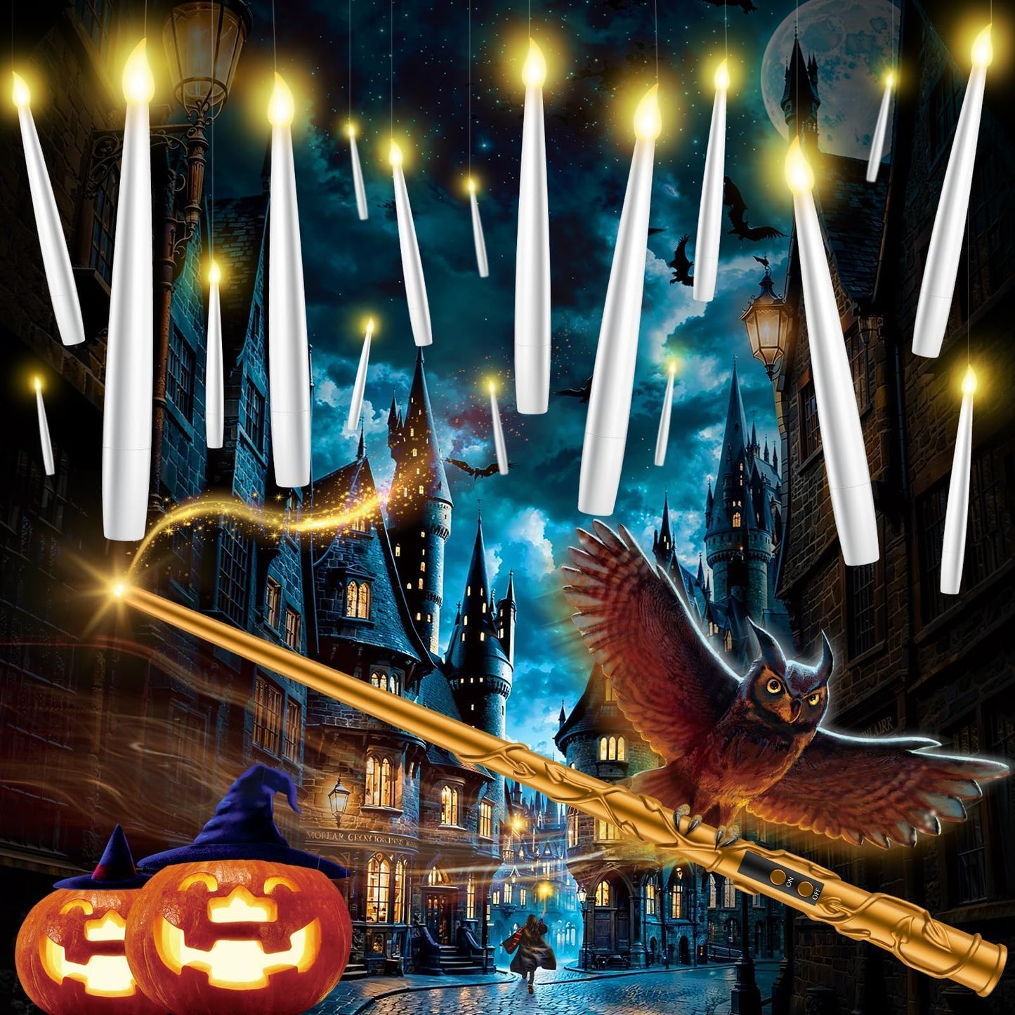 TLPUHU Floating Candles with Wand - 18 Pcs Halloween Decorations Magic Flameless Candles Flickering Warm Light Battery Operated LED Hanging Candles for Christmas Window Bedroom Birthday Party Decor