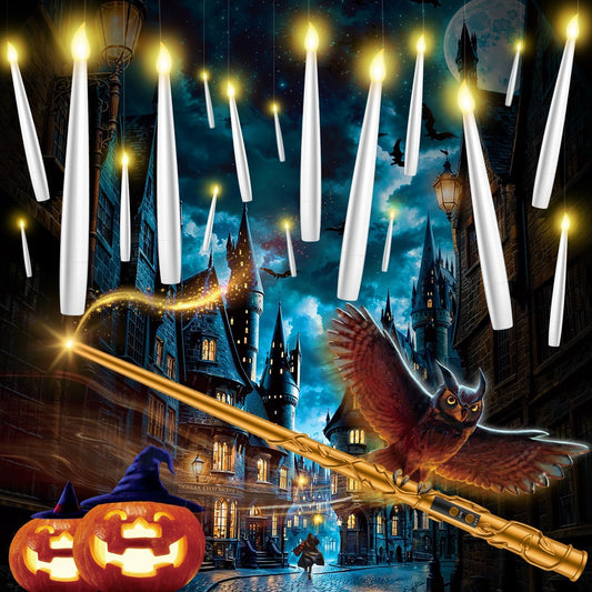 TLPUHU Floating Candles with Wand - 18 Pcs Halloween Decorations Magic Flameless Candles Flickering Warm Light Battery Operated LED Hanging Candles for Christmas Window Bedroom Birthday Party Decor