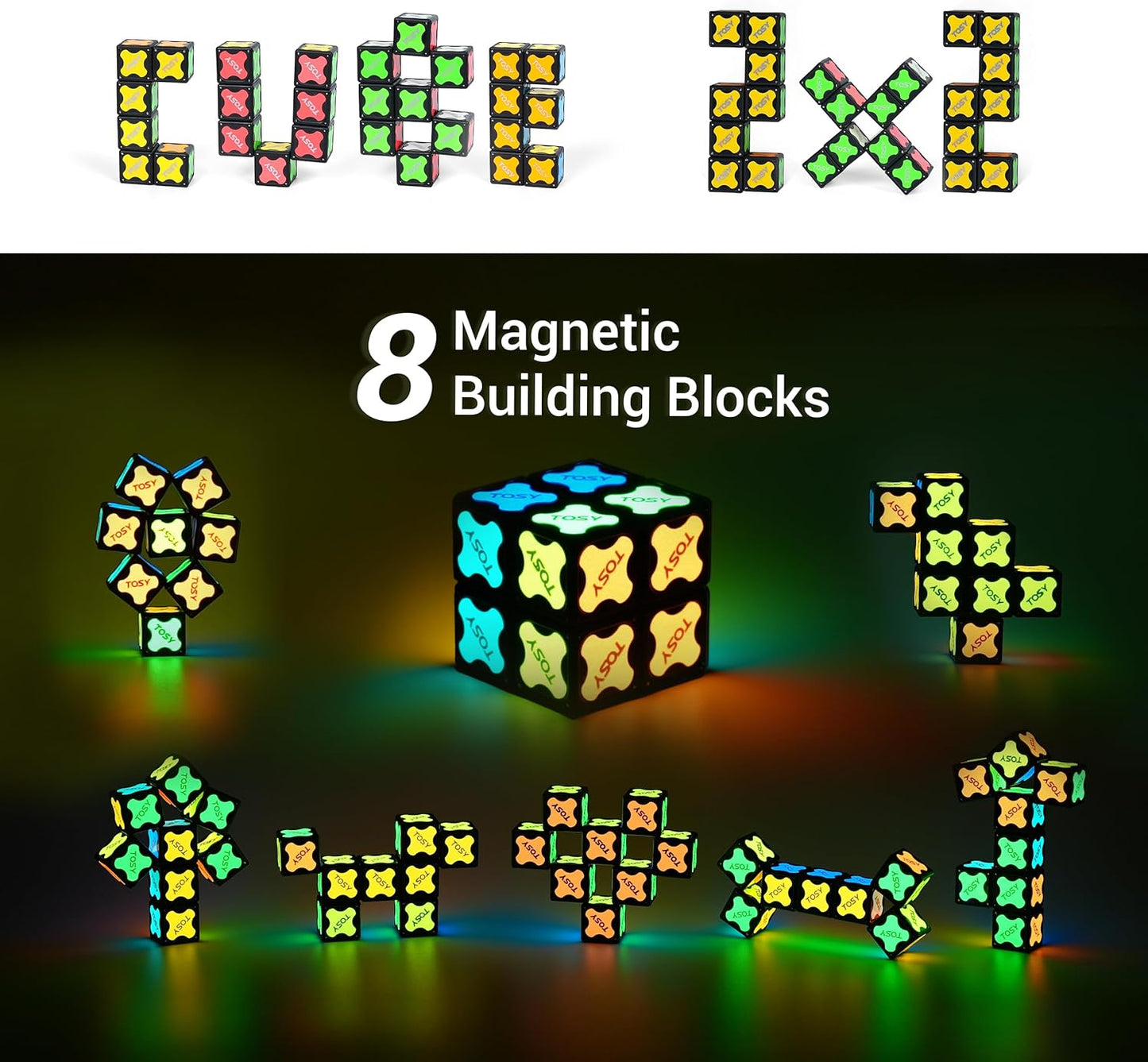 TOSY Magnet Cube 2x2 - 2-in-1 Puzzle & Infinity Cube | Glow with UV Flashlight, Perfect Easter Gift for Kids