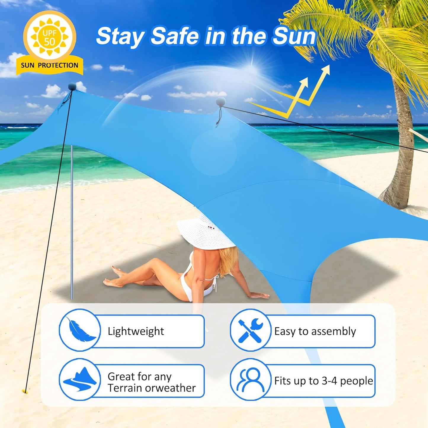 Skiennix Beach Canopy Tent - UPF 50+ UV Protection Sun Shade with Sandbags, Poles & Anti-Wind Ropes
