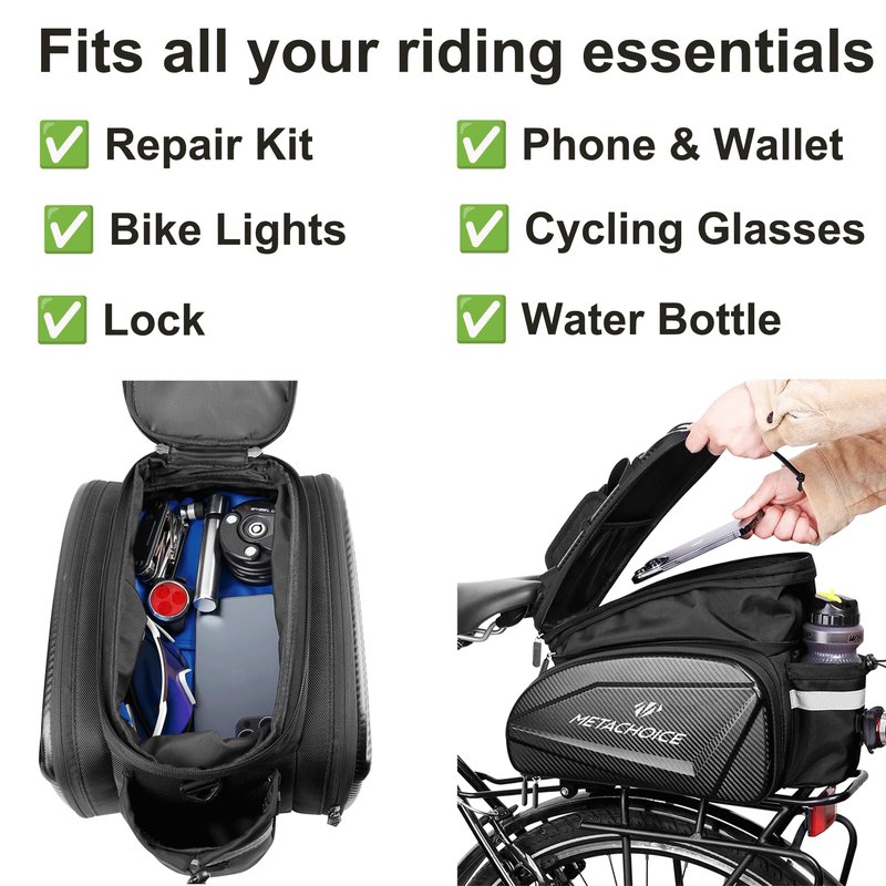 METACHOICE Bike Trunk Bag 17L-35L Expandable, Hard Shell Bike Pannier Bag with Fold-out Pockets, Rear Rack Commuter Bag for 14 Inch Laptop & Groceries, Includes Rain Cover