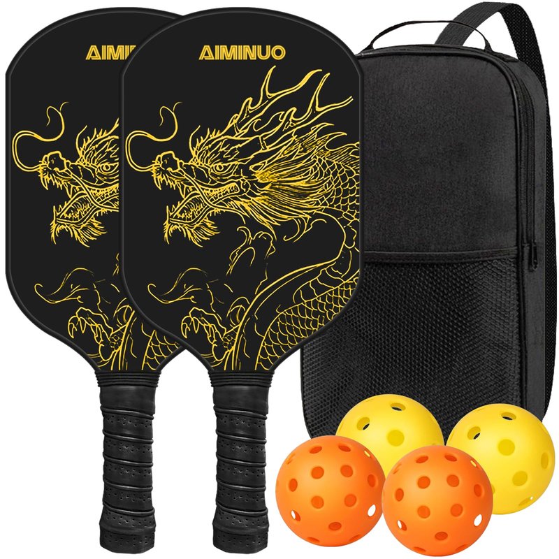 AIMINUO Pickleball Paddles, Fiberglass Pickle Ball Paddle Set, 16mm Lightweight Pickleball Paddles for Men Women Kids Indoor & Outdoor, Golden Dragon Black