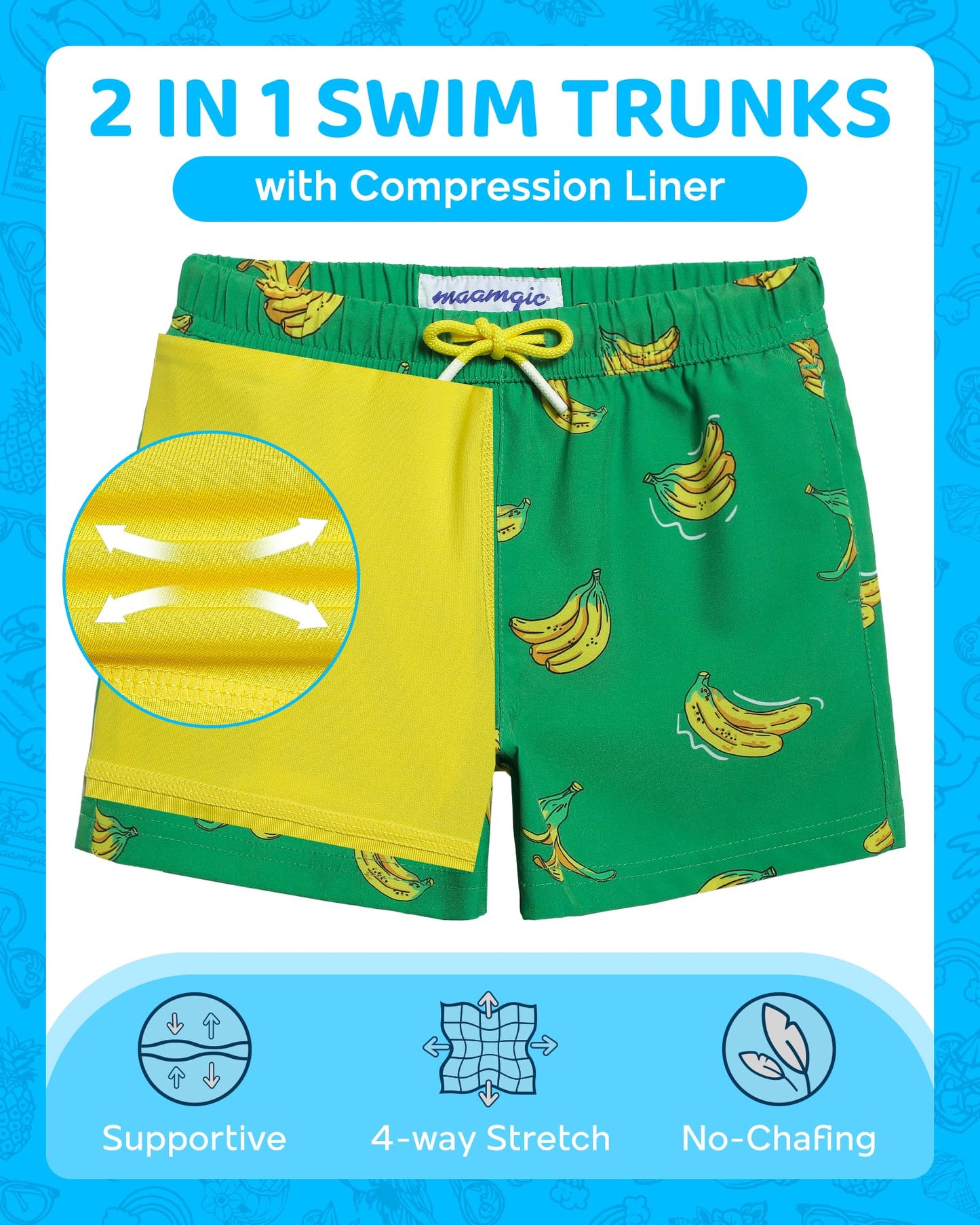 maamgic Boys Swim Trunks with Compression Liner 4-Way Stretch Quick Dry Swim Shorts Swimming Trunks Toddler Boy Banana Yellow 7 Years