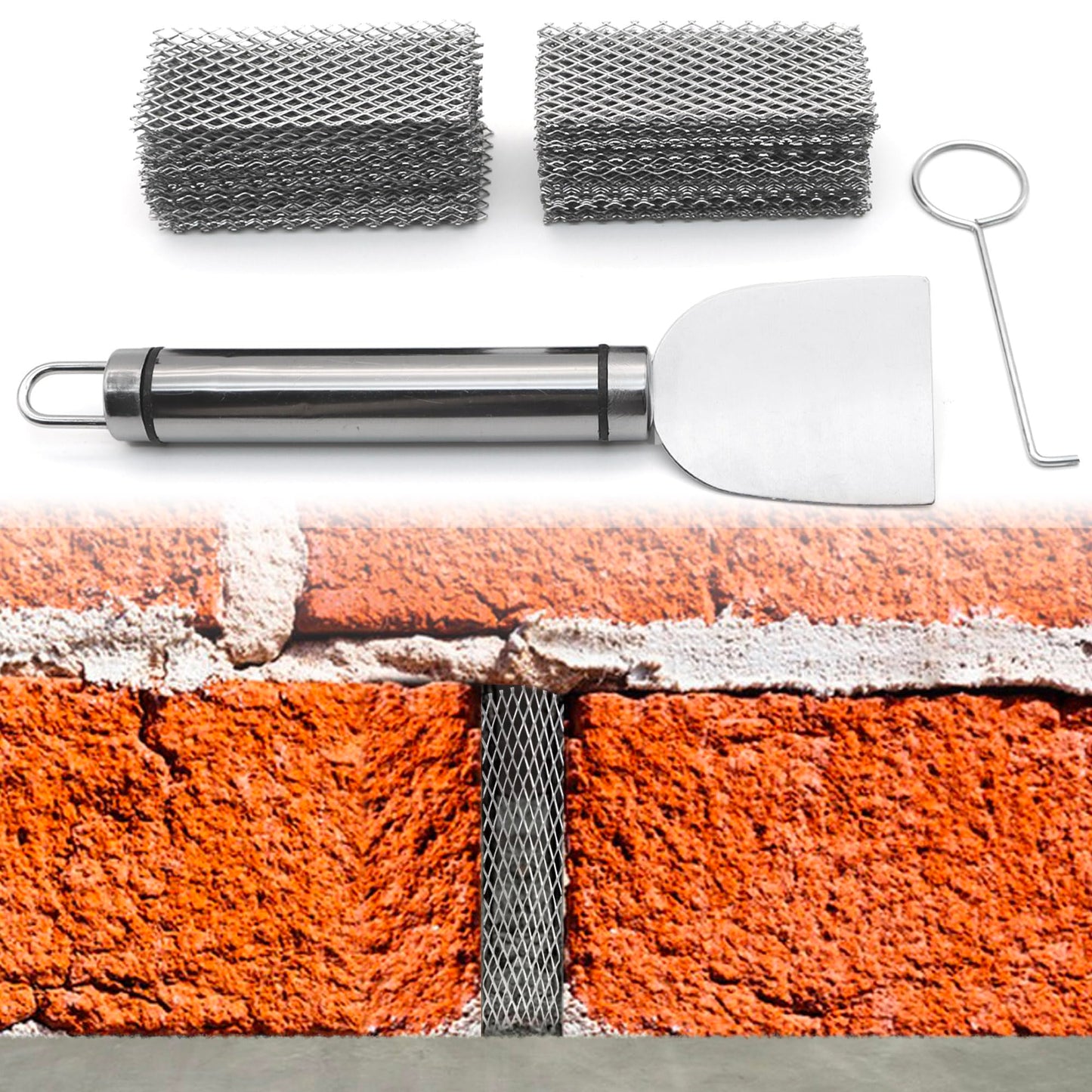LUTQ Stainless Steel Brick Weep Hole Covers for Brick Walls - 100 Pack Diamond Hole Brick Weep Hole Inserts (0.1in x 0.2in Aperture) with Hook and Spatula for Easy Installation and Replacement