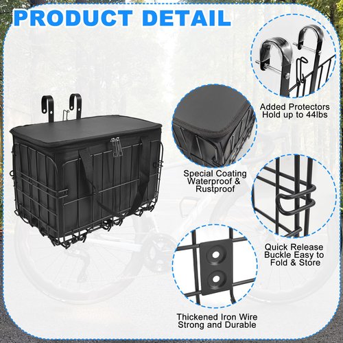 Bike Basket Front, Folding Bicycle Basket with Removable Liner Bag, Large Quick Release Design Bicycle Frame Basket Removable Front Bag/Rear Hanging Cargo Rack, Carrying Pets, Fruit & Grocery