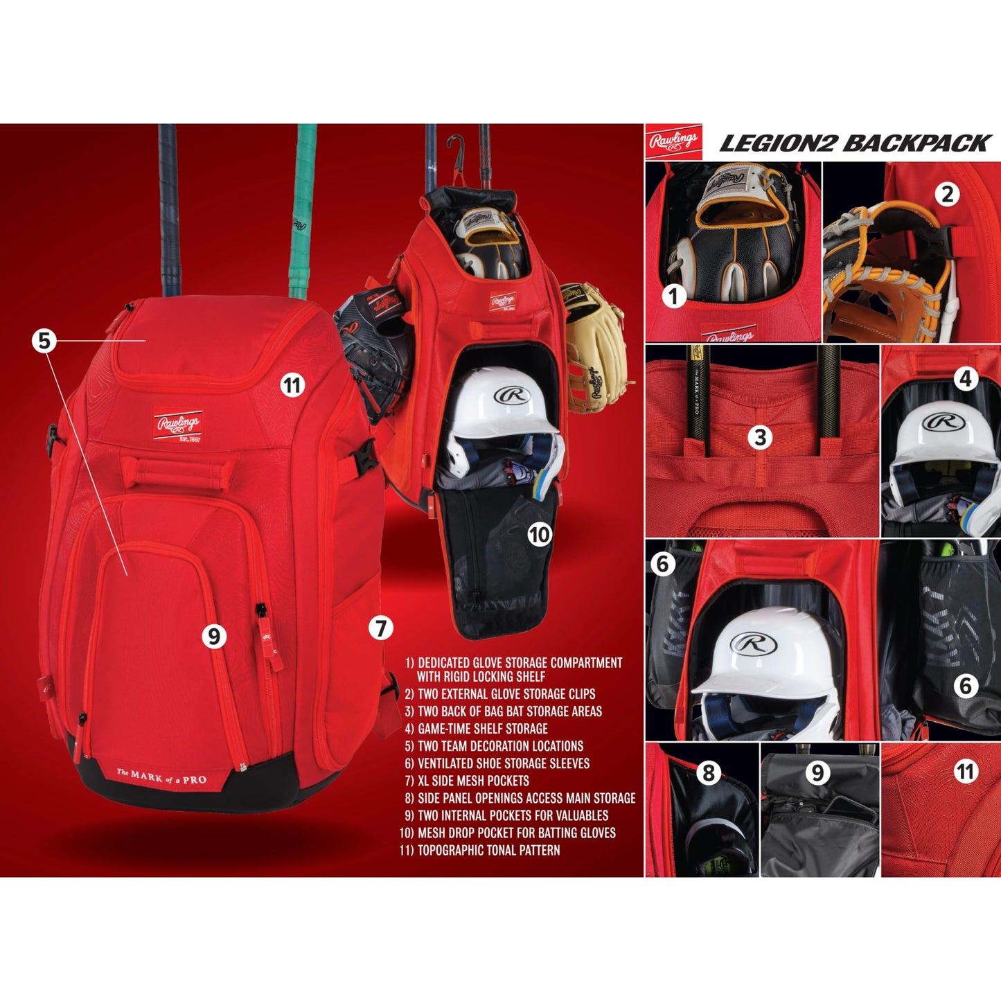 Rawlings | LEGION 2.0 Player's Backpack | Baseball/Softball | GRAPHITE