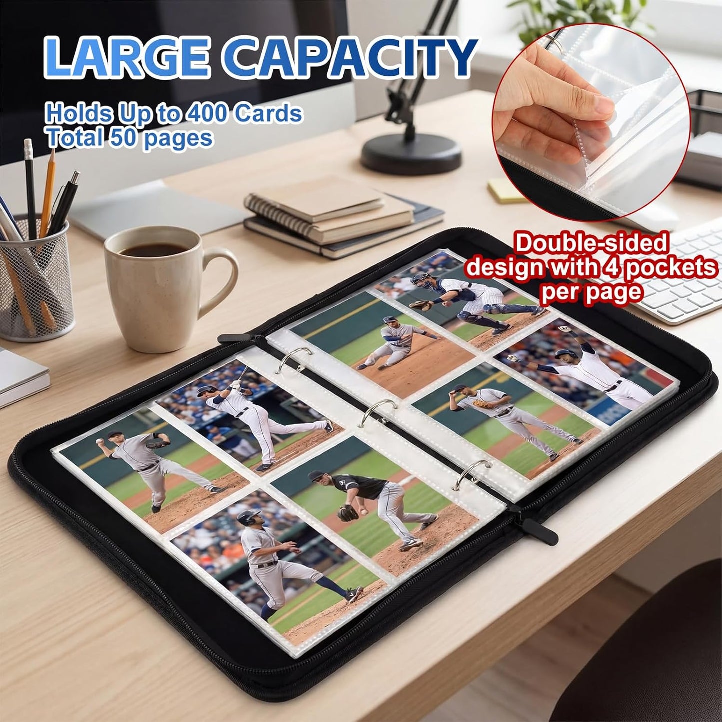 Sanwuta Baseball Card Binders - 6 Pack with 2400 Pockets & Zipper | Double-Sided Sports Display Album