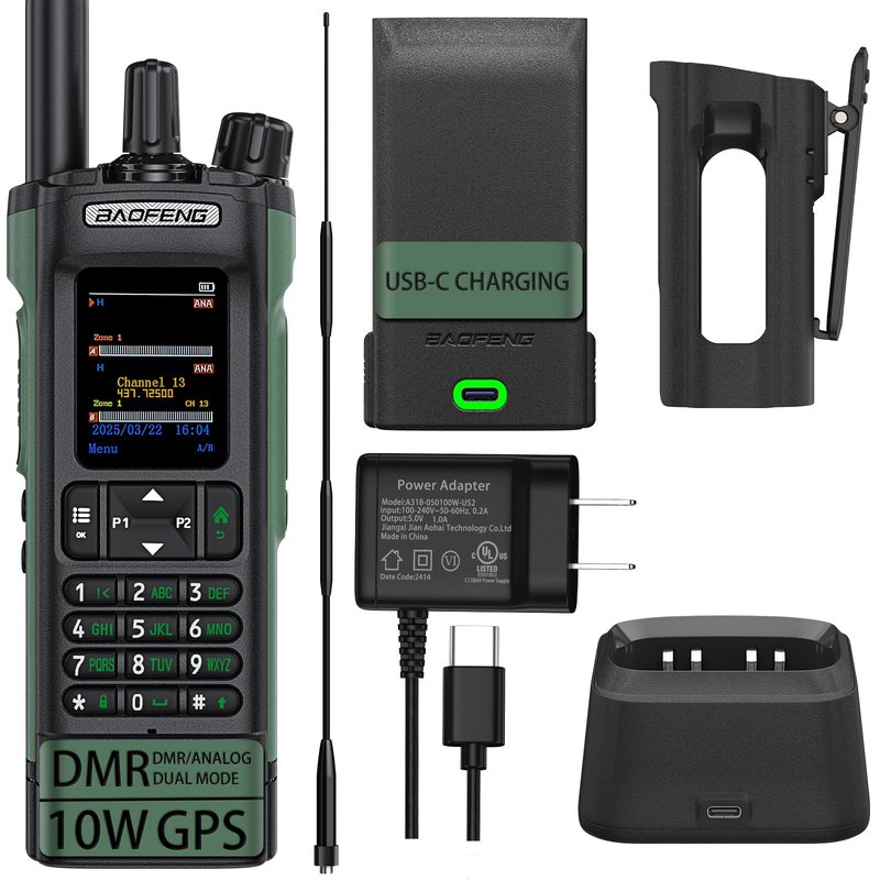 BAOFENG DM32 Dmr Radio,DM-32 Handheld Radio with USB-C Charging, GPS, 10W Long Range DM32UV Walkie Talkie for Emergency Rescue & Outdoor Sports (1Pack Green+Dual Section Antenna+Radio Holster)
