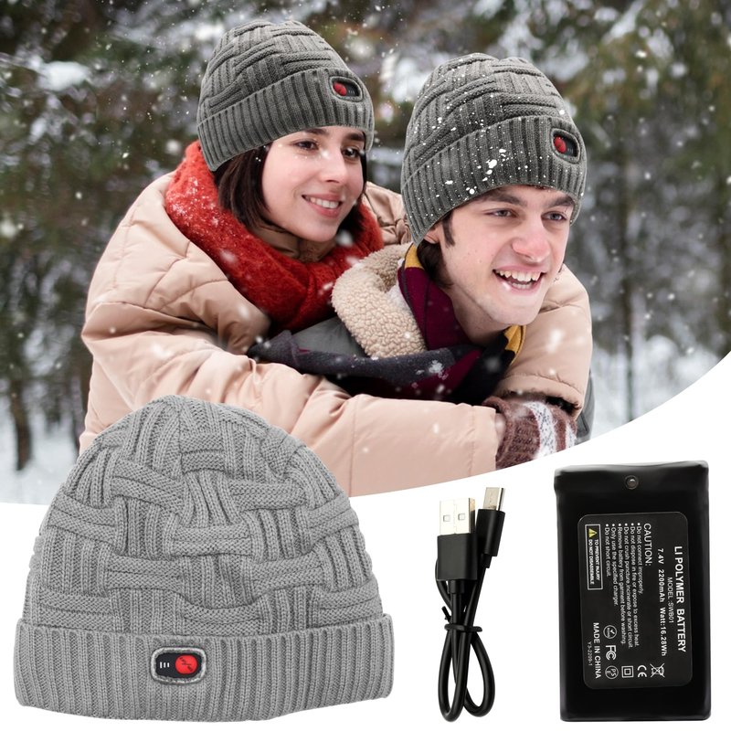 SVPRO Men Women Rechargeable Electric Heated Hat Winter Warm Hat Battery Heating Beanies with 3 Temperature Settings,Heated Beanie Skull Cap Hat Work Up to 3-7H Grey