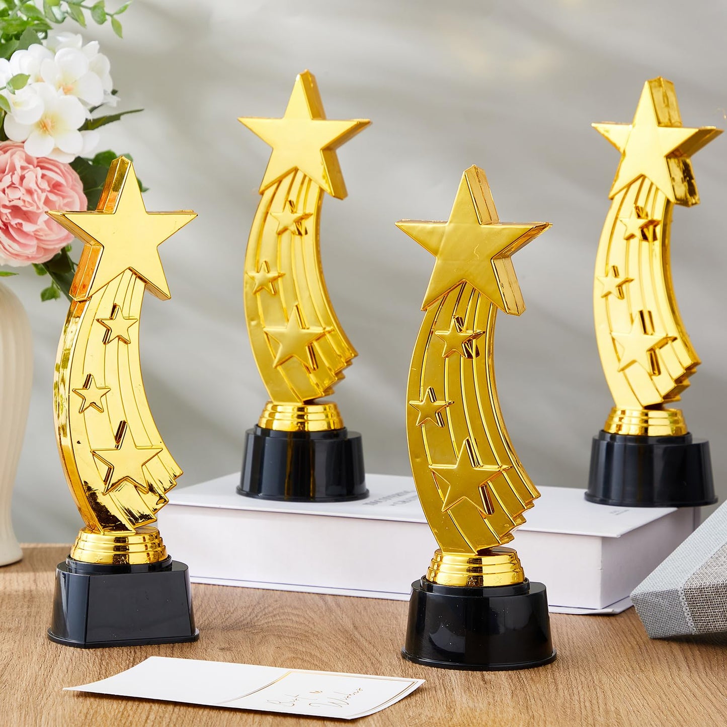 Quelay 4 Pcs 9.5 Inch Trophy Awards Gold Plastic Trophies Bulk for Sports Tournament Star Trophy for Employee Recognition, School Prize, Motivational Gift, Outstanding Achievement, Competition