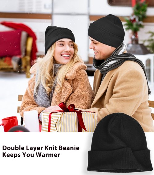 Cotton Beanie Hat for Women Men, Double Warm Knit Winter Hats, Fisherman Slouchy Ski Cuffed Beanies Skull Cap Black