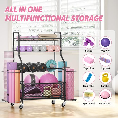 Dumbbell Rack, Weight Storage Rack for Home Gym with Wheels, Holds Yoga Mats, Kettlebells & Strength Training Equipment, Black