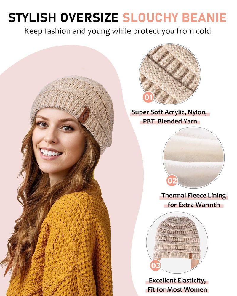 Womens Winter Beanie Hat Scarf Gloves Headband Set, Slouchy Beanie Ear Warmer with Fleece Lined Thick Knit Neck Scarf Touchscreen Gloves, 4 Piece Fashionable Warm Gift Set for Cold Weather(Navy)
