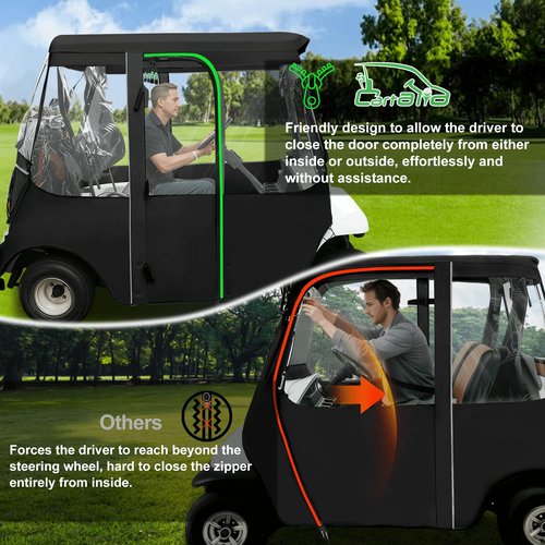Cartalia Golf Cart Driving Enclosure 2 Passenger for EZGO TXT/RXV, Rain Drivable Cover Golf Cart 2 Seater 4 Sided Roll Up Clear Windows, Durable Zippers Open Side Mirrors - Black (Black)