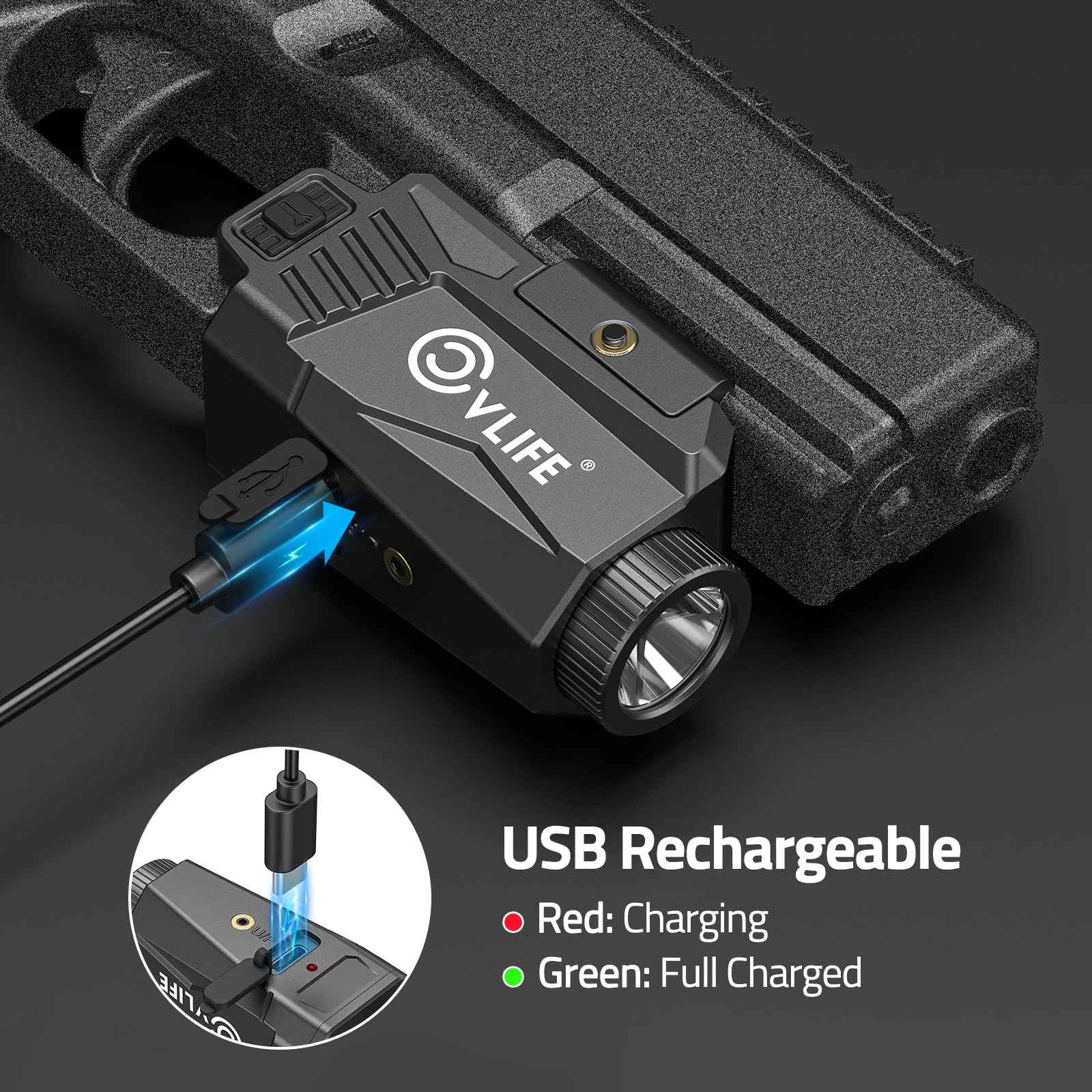 CVLIFE 600 Lumens Pistol Light Laser Combo - Rechargeable Slide Rail Gun Light Compatible with Glock and Picatinny Rail. Tactical Pistol Flashlight with Red Laser for Home Defense