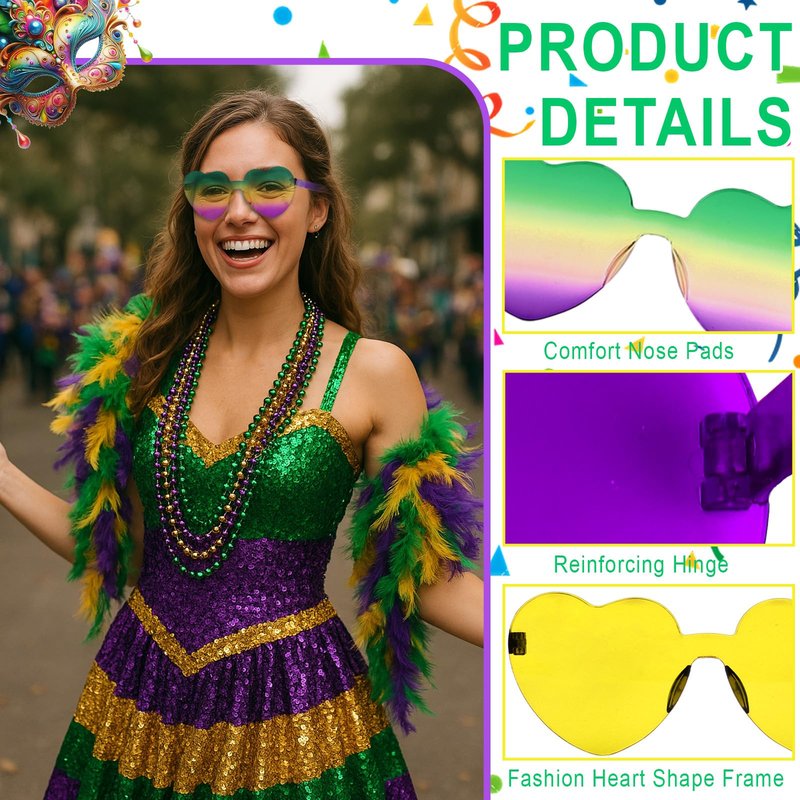 Uintoon 12 PCS Mardi Gras Heart Sunglasses Heart Glasses for Women Cute Heart Shaped Sunglasses Funny Carnival Parade Party Mardi Gras Accessories Glasses for Women