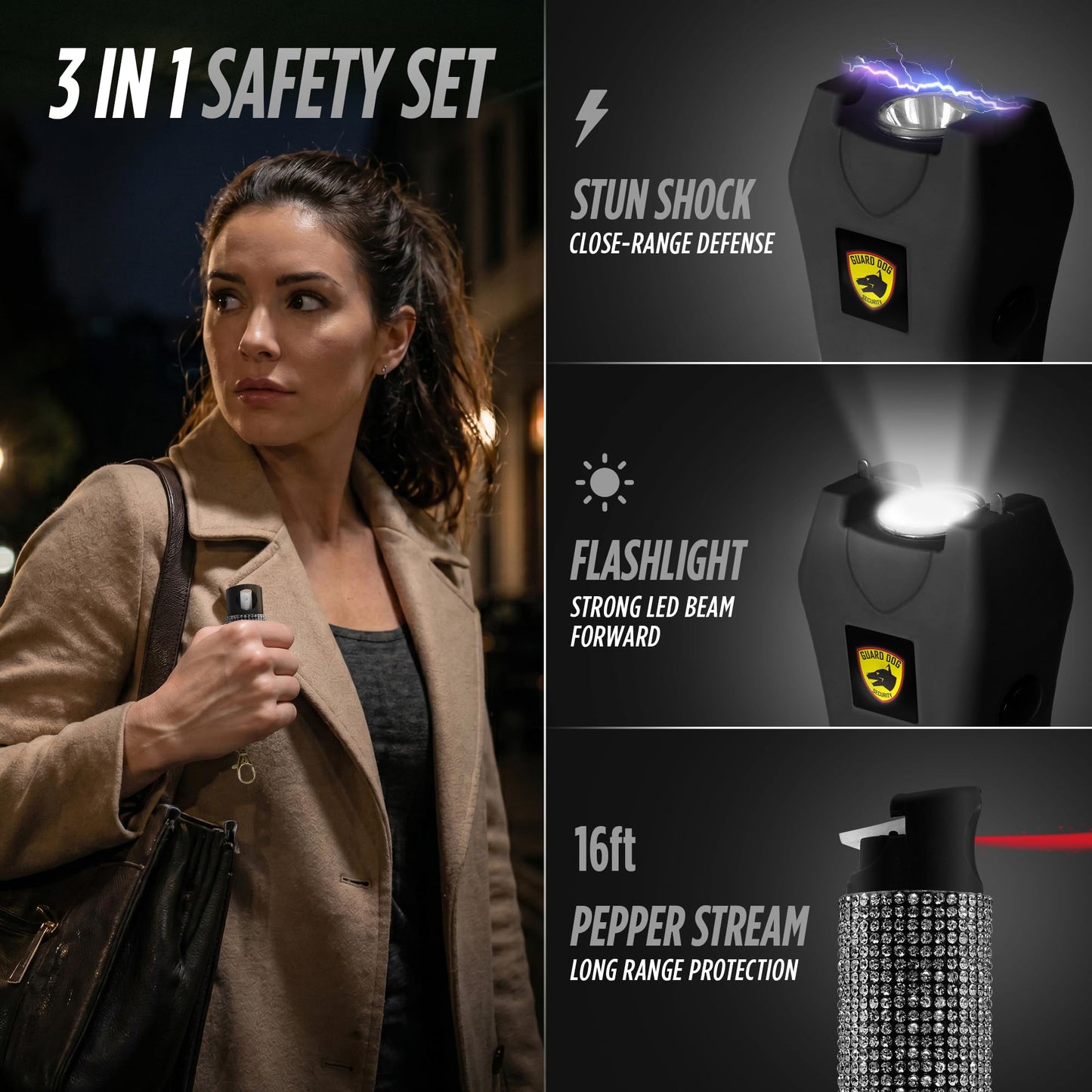 Guard Dog Security Pepper Spray and Stun Gun Flashlight, Rechargeable, Self-Defense Keychain for Women, Pepper Spray and Stun Gun Combo, Personal Security Value Set, Rechargeable Flashlight, 0.5 fl oz