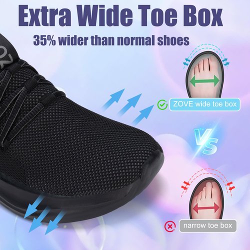ZOVE Wide Toe Box Shoes Women Tennis Sneakers Arch Support Extra Wide Width Running Shoes for Women Walking Athletic 8819 All Black 38