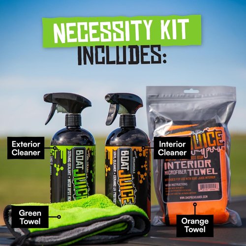Boat Juice Necessity Boat Cleaner Kit - Exterior Water Spot Remover & Interior Vinyl Cleaner | 2 Microfiber Towels Included | Marine Detailing Essentials Made in USA